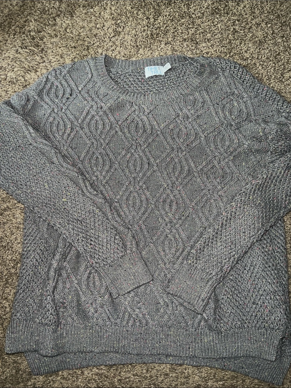 Time and Tru Gray Speckled Cable Knit Sweater